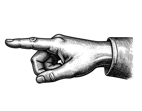 Intricate grayscale engraving of a hand extending and pointing with a detailed index finger