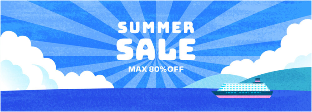 青空と海とクルーズ船を描いたサマーセールバナー 放射状の光が広がる夏の販促背景デザイン