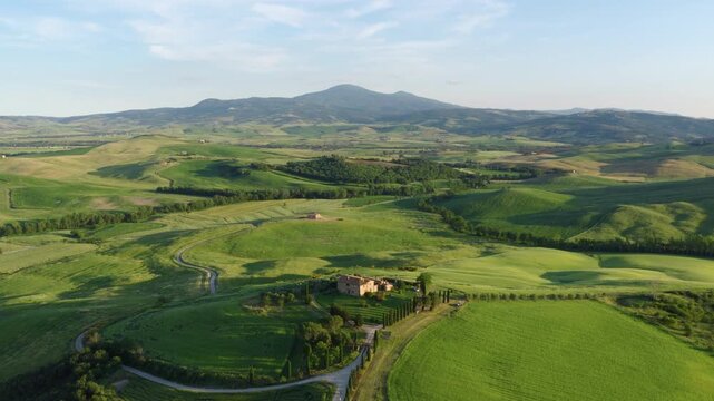 Aerial View of Terrapille Farm Road and Rolling Hills, Tuscany