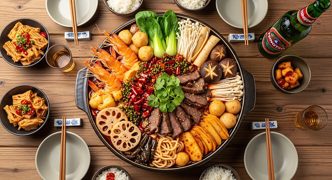 Delicious spicy hot pot feast, brimming with seafood, meats, and fresh vegetables, beautifully presented for a vibrant communal dining experience