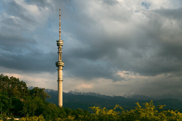 Fototapeta premium Almaty, Kazakhstan. Almaty Television Tower located on high slopes of Kok Tobe mountain south-east of downtown Almaty