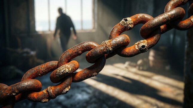 Barnacle Covered Rusty Chain with Blurred Figure in Window