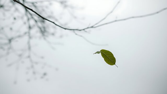 malnutrition. A single leaf being carried by strong winds against an overcast sky, isolated and atmospheric. ESG reports, sustainability campaigns, designed for environmental awareness campaigns.