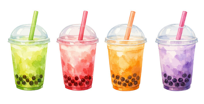 Watercolor bubble tea collection illustration with colorful boba drinks in takeaway cups isolated on white background.