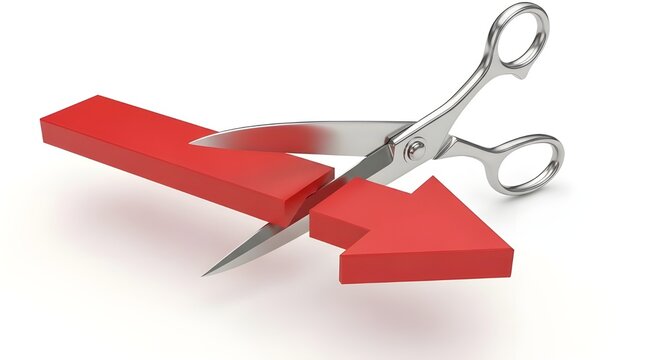 Silver Scissors Cutting Red Downward Arrow in Half &mdash; Cost Cutting and Expense Reduction Concept