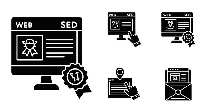 A collection of web certification icons on computer screens and documents.