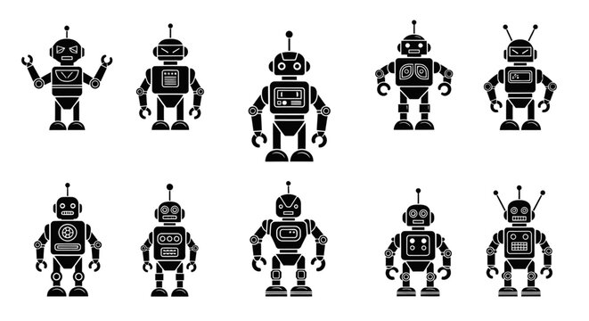 Robots are standing in two rows making different gestures on a plain background