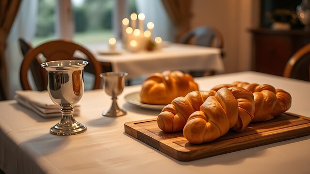kiddush. A Shabbat table set with a white linen cloth, silver cup, and braided challah bread, warm ambient light. event programs.