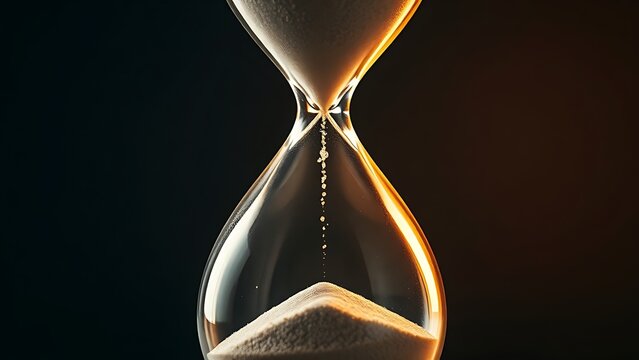 reactivity. Hourglass with sand nearly all in the bottom bulb, warm dramatic lighting. wellbeing guides, coaching materials, designed for mental health education and mindfulness programs.