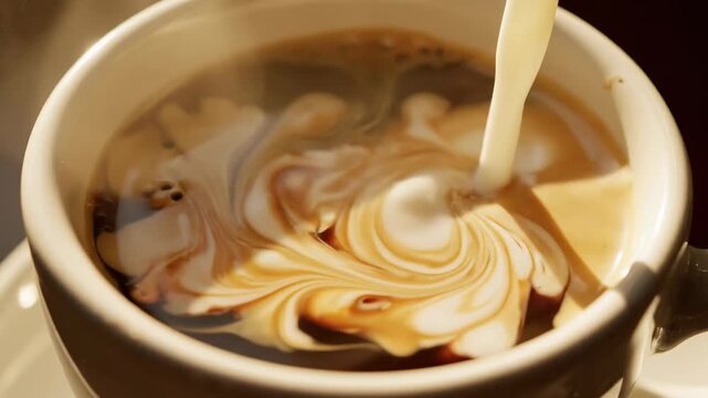 Cream is poured into a cup of black coffee, creating swirling patterns as it mixes, showcasing the transformation of color and texture in the beverage