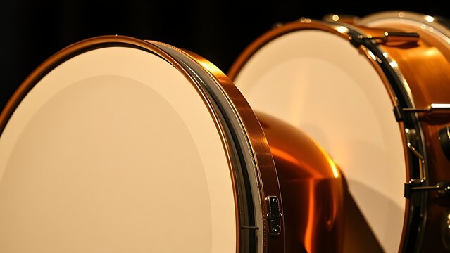 kettledrums. A pair of polished copper kettledrums with taut drumheads gleaming under focused stage lighting. product launch decks.
