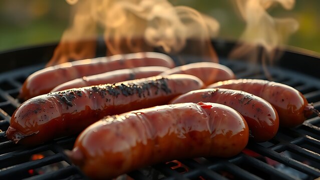 chipolata. Glossy sausages on a charcoal grill with rising smoke in warm light. menu design, packaging mockups, designed for food delivery and cloud-kitchen brand materials.