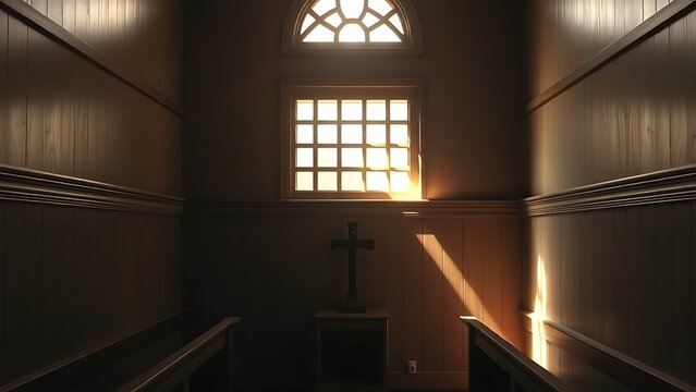 kneeler. The interior of an empty confessional booth with soft light entering through a wooden lattice. event programs, museum guides, designed for cultural heritage projects and event programs.