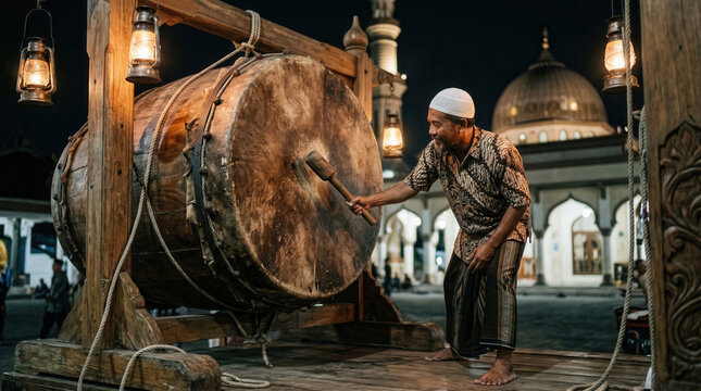 Muslim man striking massive traditional Bedug drum outside mosque