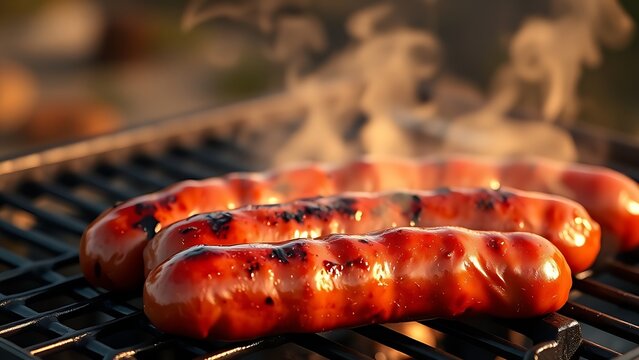 chipolata. Glossy sausages on a charcoal grill with rising smoke in warm light. menu design, packaging mockups, designed for food delivery and cloud-kitchen brand materials.