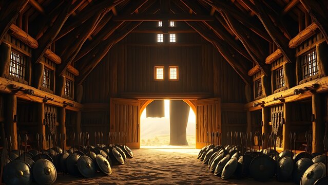 longhouse. A grand Viking longhouse with open oak doors and golden light on shields outside. real-estate listings, architecture portfolios, designed for interior renovation comparisons for interiors.