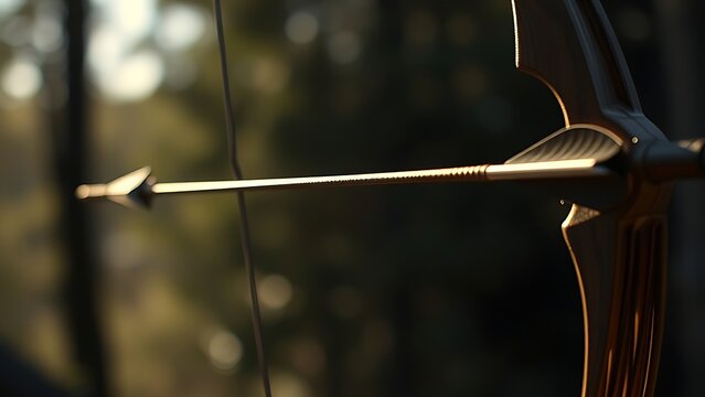 nocked. A bow with taut string and nocked arrow against a blurred natural background. event key visuals, club posters, designed for sports event promotions and stadium branding.