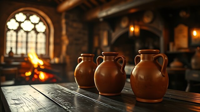flagons. Medieval-style tavern interior with firelight glowing on terracotta flagons of ale. bar promotions, beverage menus, designed for food & beverage menus and cafe branding.