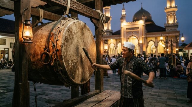 Muslim man striking massive traditional Bedug drum outside mosque