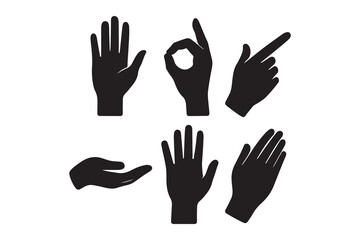 Obraz premium Black hand silhouettes set with 6 vector icons, human hand gestures and palm signs, pointing finger and open hand symbols for communication