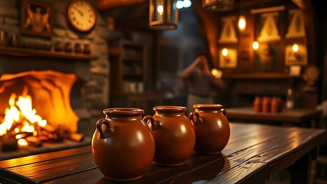 flagons. Medieval-style tavern interior with firelight glowing on terracotta flagons of ale. bar promotions, beverage menus, designed for food & beverage menus and cafe branding.