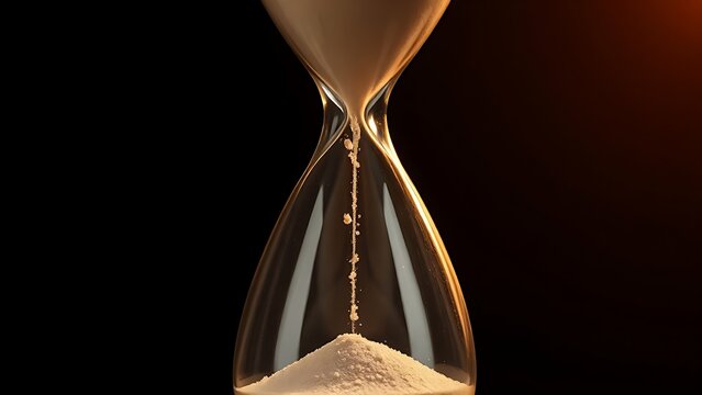 reactivity. Hourglass with sand nearly all in the bottom bulb, warm dramatic lighting. wellbeing guides, coaching materials, designed for mental health education and mindfulness programs.