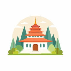 Fototapeta premium Serene Flat Design Illustration of a Traditional East Asian Pagoda Temple Amidst Nature