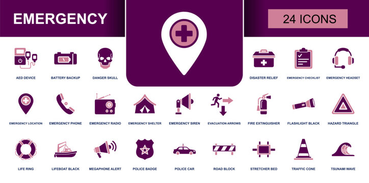 Emergency icon set. Containing AED device, backup, disaster relief, emergency phone, shelter, siren, fire extinguisher, police car, traffic cone, tsunami wave and more. Solid vector icons.