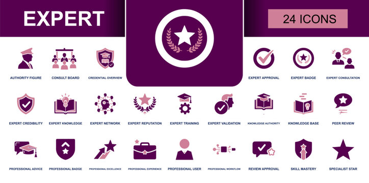 Expert icon set. Containing authority figure, consult board, credential overview, expert badge, expert consultation, knowledge base, peer review, skill mastery and more. Solid vector icons.