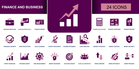 Finance and business icon set. Containing finance calculator, fund protection, income statement, loan analysis, revenue graph, smart decisions, teamwork and more. Solid vector icons.