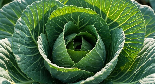 A macro close-up of fresh cabbage leaves forming a dense head, intricate leaf textures and natural water droplets visible