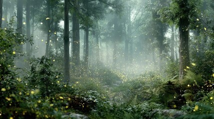 Fototapeta premium Fireflies illuminate a serene forest path on a misty evening surrounded by lush greenery and tall trees.