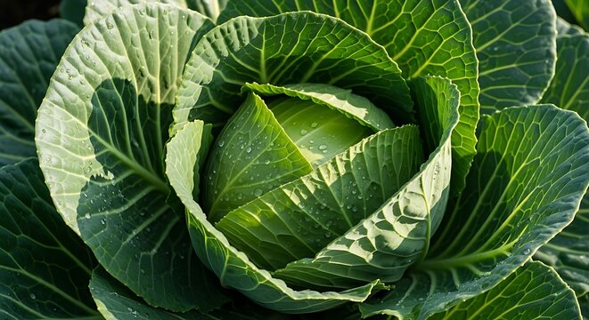 A macro close-up of fresh cabbage leaves forming a dense head, intricate leaf textures and natural water droplets visible