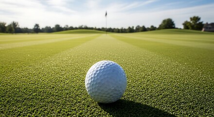 Fototapeta premium First-person perspective view of golf ball aligned toward distant hole across perfectly maintained green field