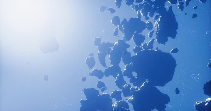 A beautiful collection of asteroids floats in the vastness of deep space, illuminated by a distant star. The blue hues and intricate shapes create a mesmerizing cosmic display.
