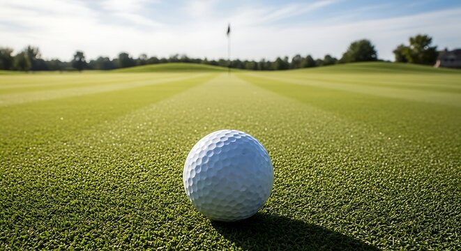 First-person perspective view of golf ball aligned toward distant hole across perfectly maintained green field