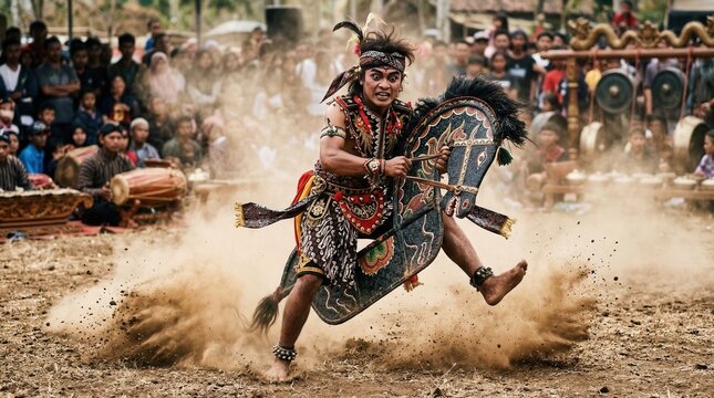 Intense Kuda Lumping traditional dancer riding woven bamboo horse in dust. 