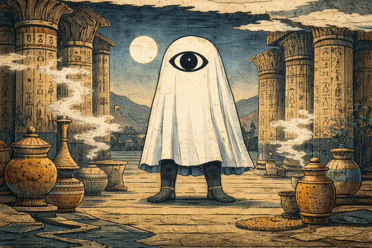 Medjed Ancient Egyptian Deity in White Shroud Standing in Sacred Temple of Osiris - Ukiyo-e Woodblock Print Style