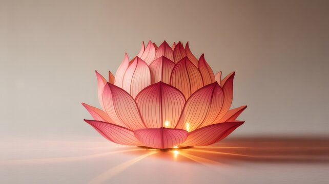 vesak day lanterns, traditional vesak day lantern, shaped like a lotus flower, emits soft light centered on minimalist background, showcasing craftsmanship and colors