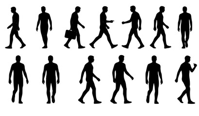 Fototapeta premium Title: Walking man silhouette set human walking action poses black vector illustration isolated on white