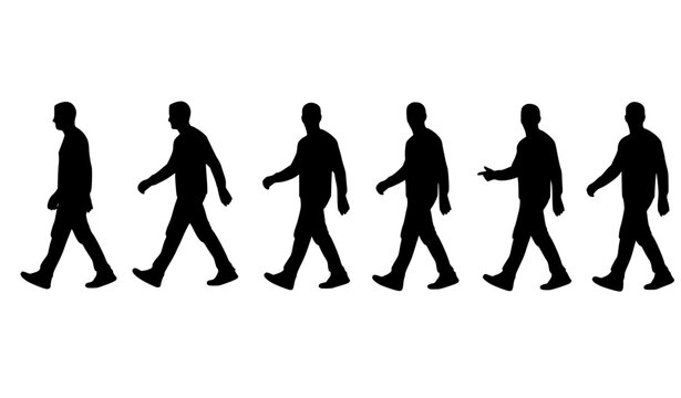 Man walking silhouettes sequence human walking poses black vector illustration isolated on white background