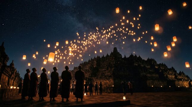 Glowing paper lanterns released into starry night sky during Vesak celebration
