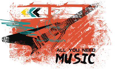 grunge illustration design, Guitar silhouette illustration grunge texture, typography street art graffiti, guitar symbolic image graffiti style, street art graffiti vector for graphic tee t shirt, tee
