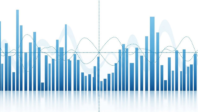 Business data analysis with blue graph and wavy lines on white background