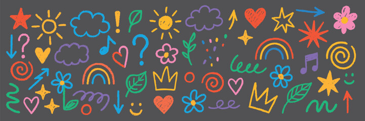 Hand heart flower for child chalk crayon and vector icon kid. Children school cloud for summer cute hand and color line cartoon. Hand paint illustration for child rainbow heart and chalk drawn nature © AlexTroi