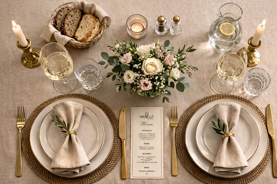 Top view of a wedding couple table with elegant decor, floral centerpiece and menu. Refined setup for bride and groom at a romantic reception.