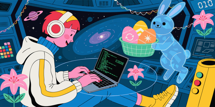 A cartoon illustration of a person coding on a laptop with a blue rabbit holding Easter eggs in a space-themed room