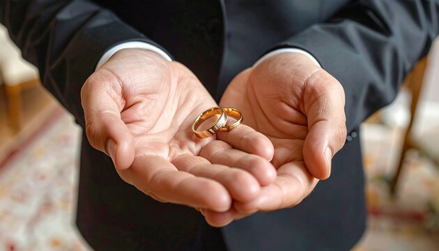 A man holds two wedding bands in his cupped hands