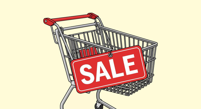 Shopping cart with a red SALE sign, representing retail discounts and promotions
