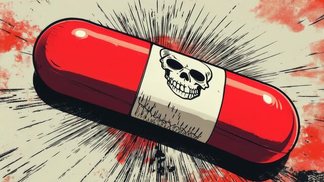 Red capsule with a rotating label showing a skull symbol in a dangerous, comic-book style animation